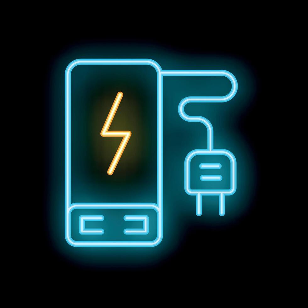 Neon power bank plugged in and charging icon vector