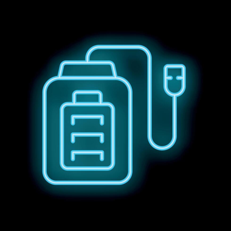Blue neon power bank charging with usb cable on black background vector