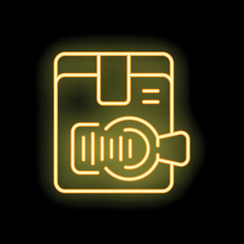 Yellow glowing neon icon of a smartwatch showing a package tracking status vector