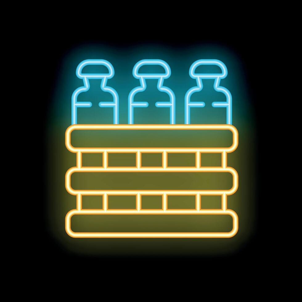 Neon sign of bottles in wooden box on black background vector