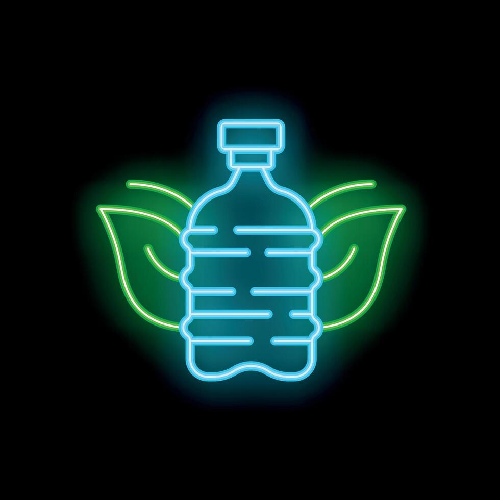 Neon icon of water bottle surrounded by leaves symbolizing environmental friendliness vector