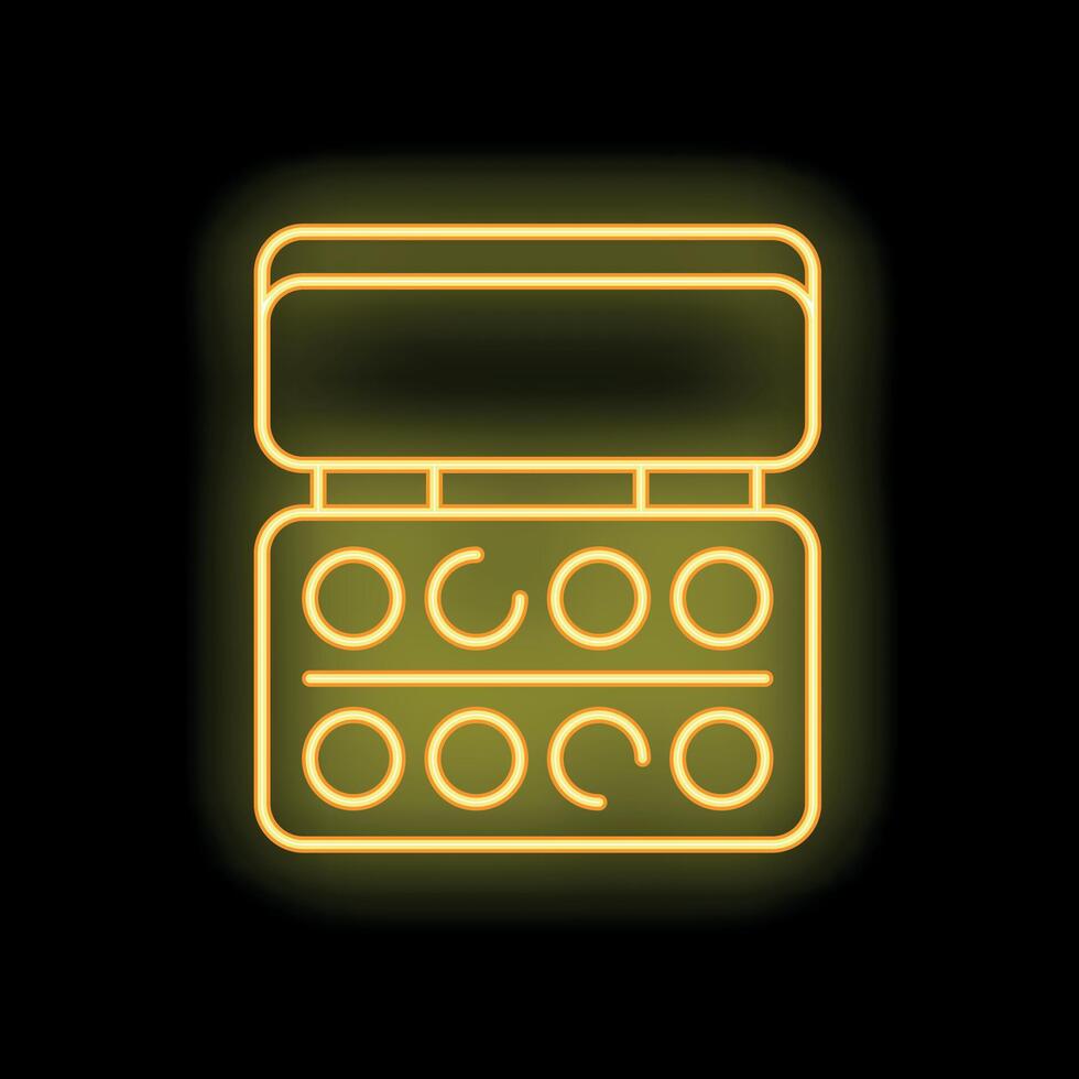 Neon yellow open cosmetic eyeshadow palette icon glowing on black background vector