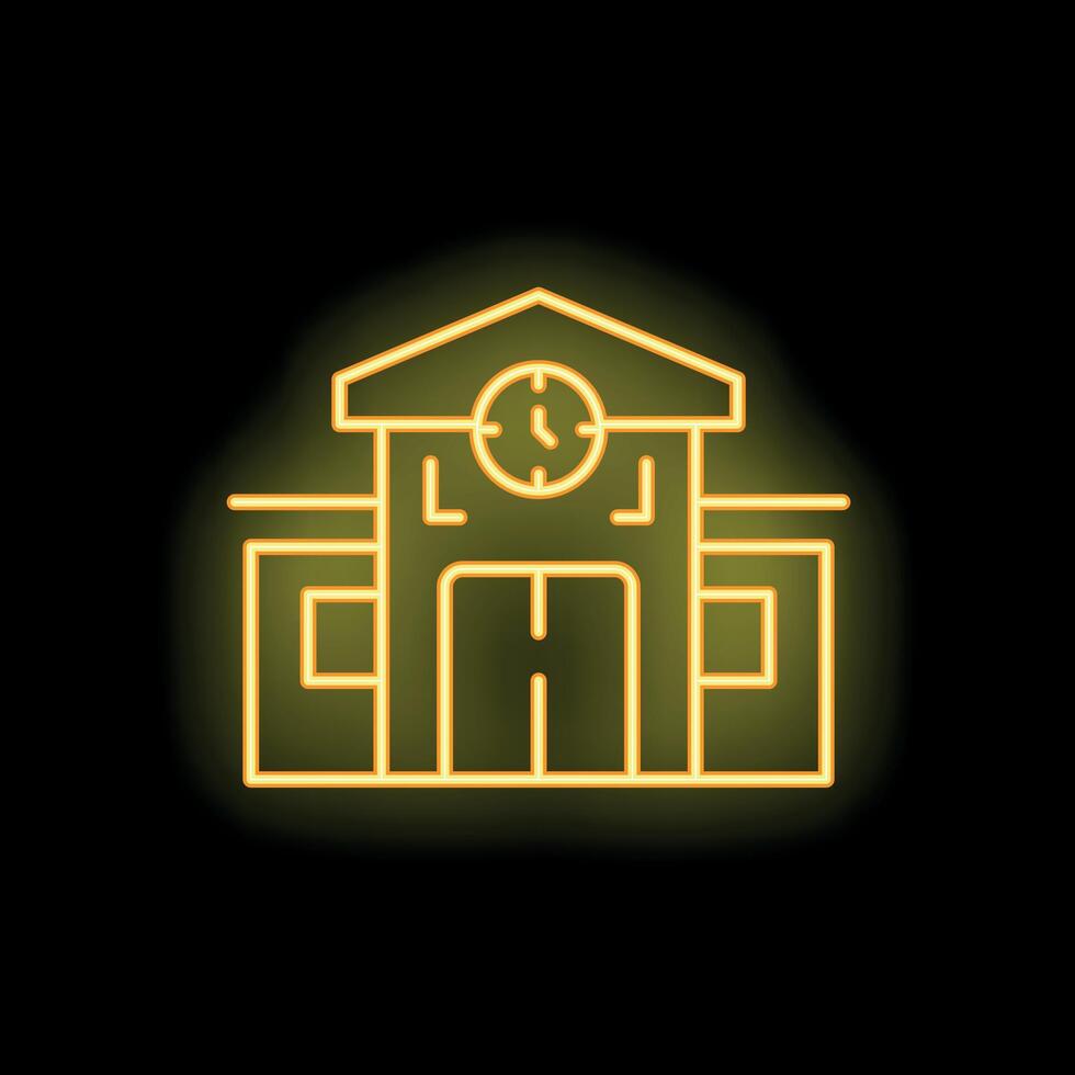 Neon yellow university or train station building icon on black background vector