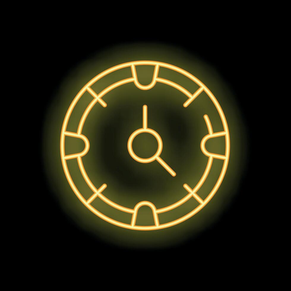 Glowing neon sign depicting a casino chip as a clock on black background vector