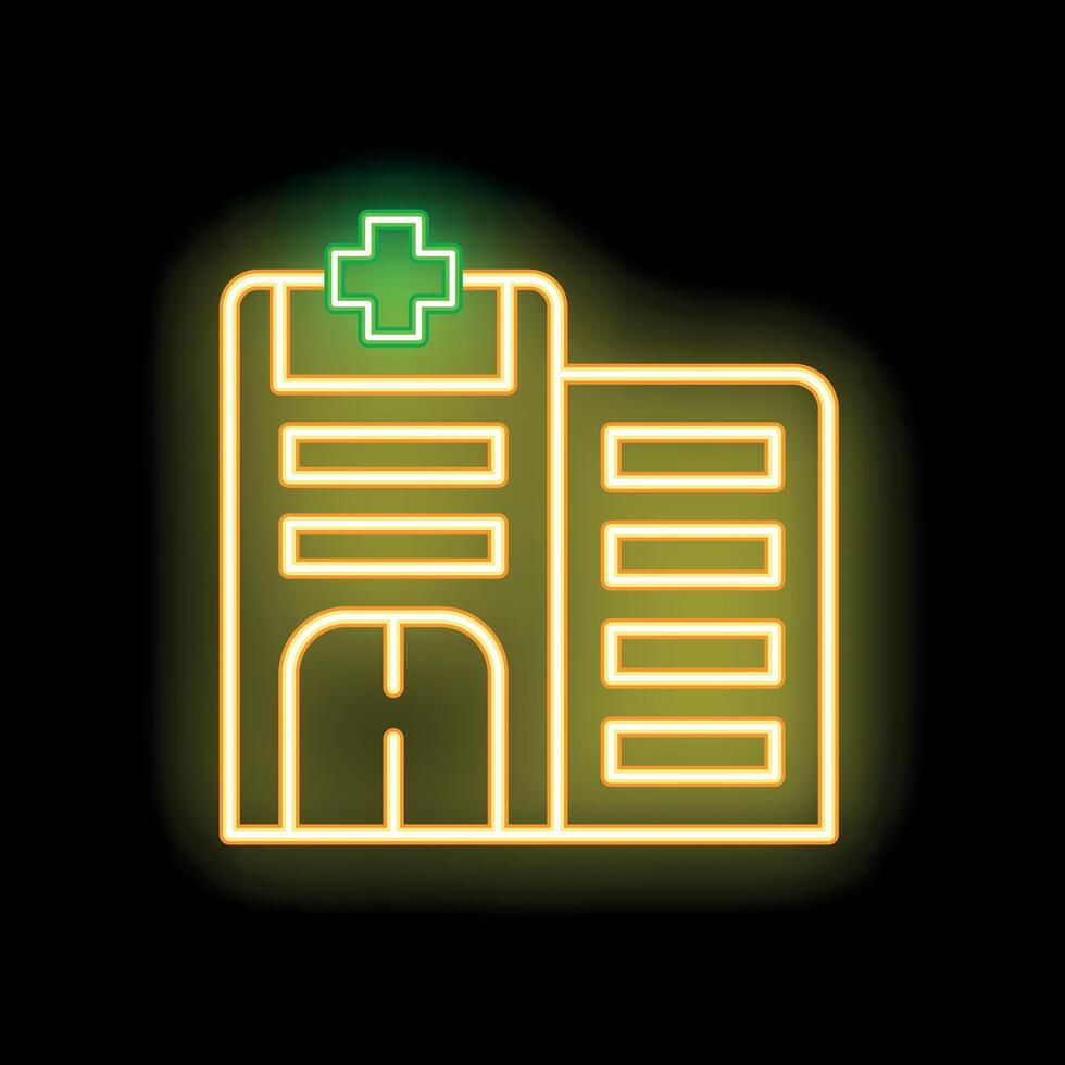 Neon sign showing a hospital building with green cross and glowing windows at night vector