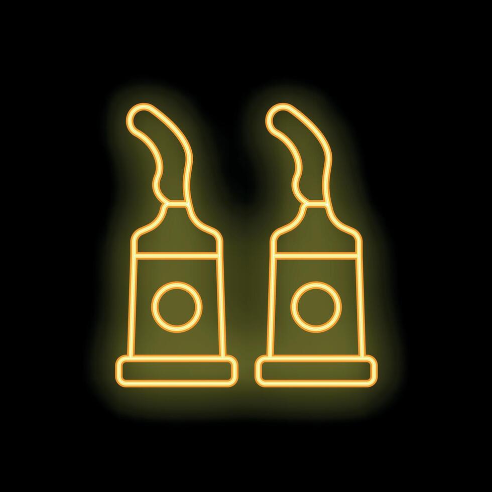 Neon icon of two tubes of toothpaste glowing yellow on black background vector