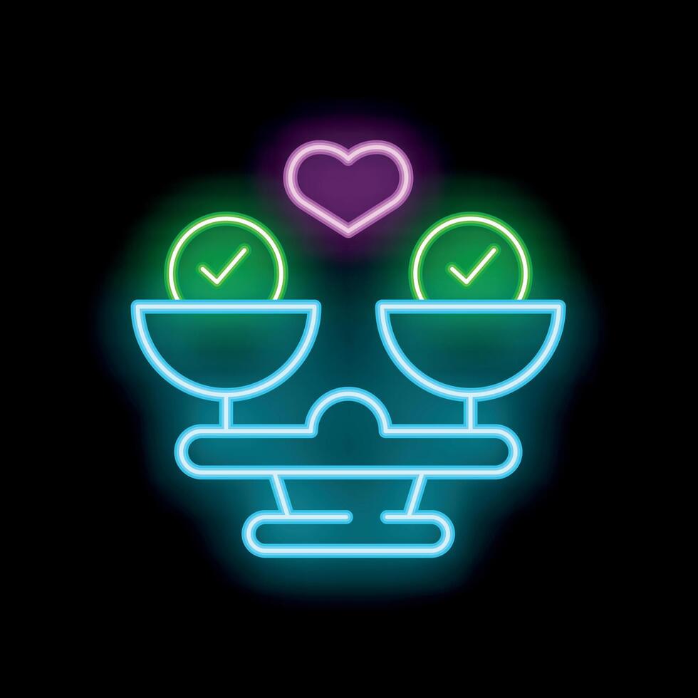 Neon icon of balance between love and agreement symbolizing healthy relationship vector