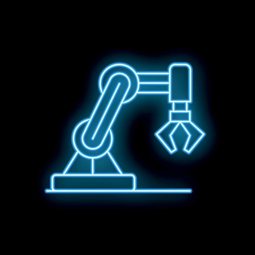 Blue neon robotic arm holding something on black background vector