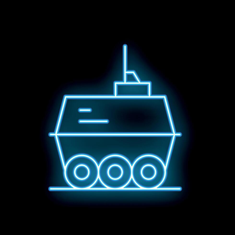 Neon blue military armored vehicle with antenna glowing on black background vector
