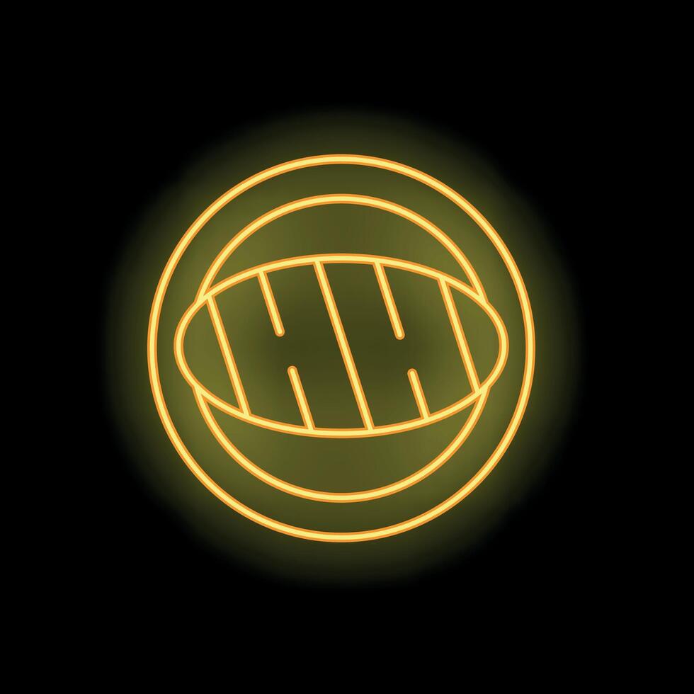 Neon sign of grilled steak on plate glowing on black background vector