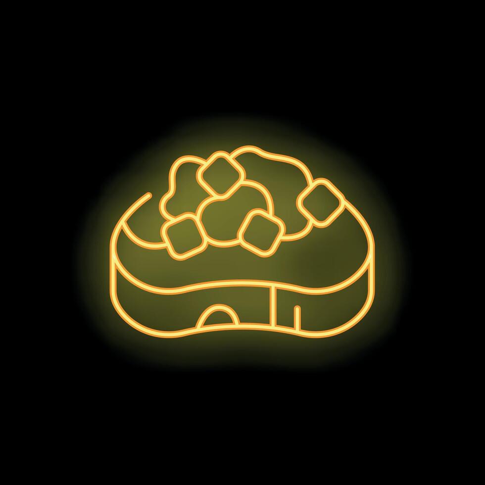 Neon sign of steak with herbs glowing on black background vector