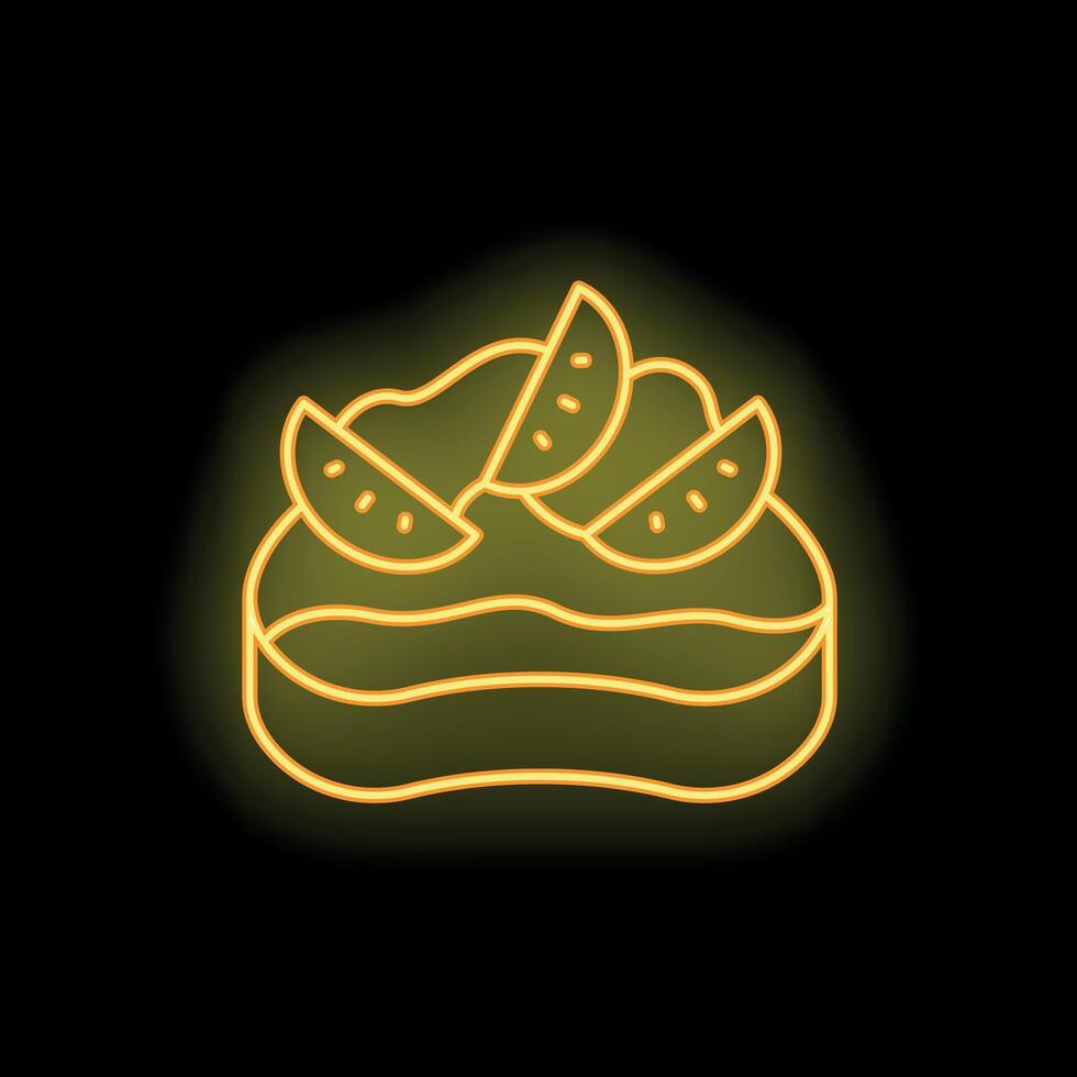 Neon sign showing a cake with slices of kiwi fruit and cream on top vector