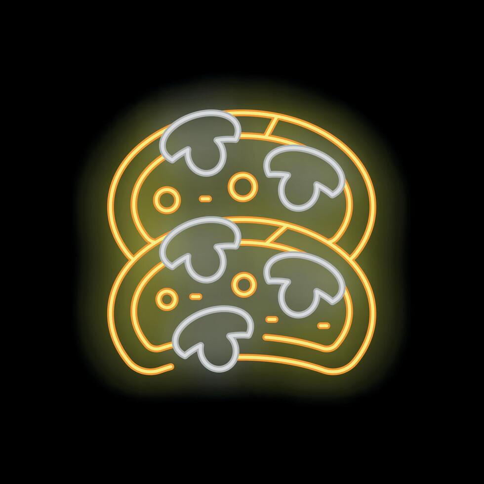 Neon sign showing two delicious mushroom pizzas glowing brightly vector
