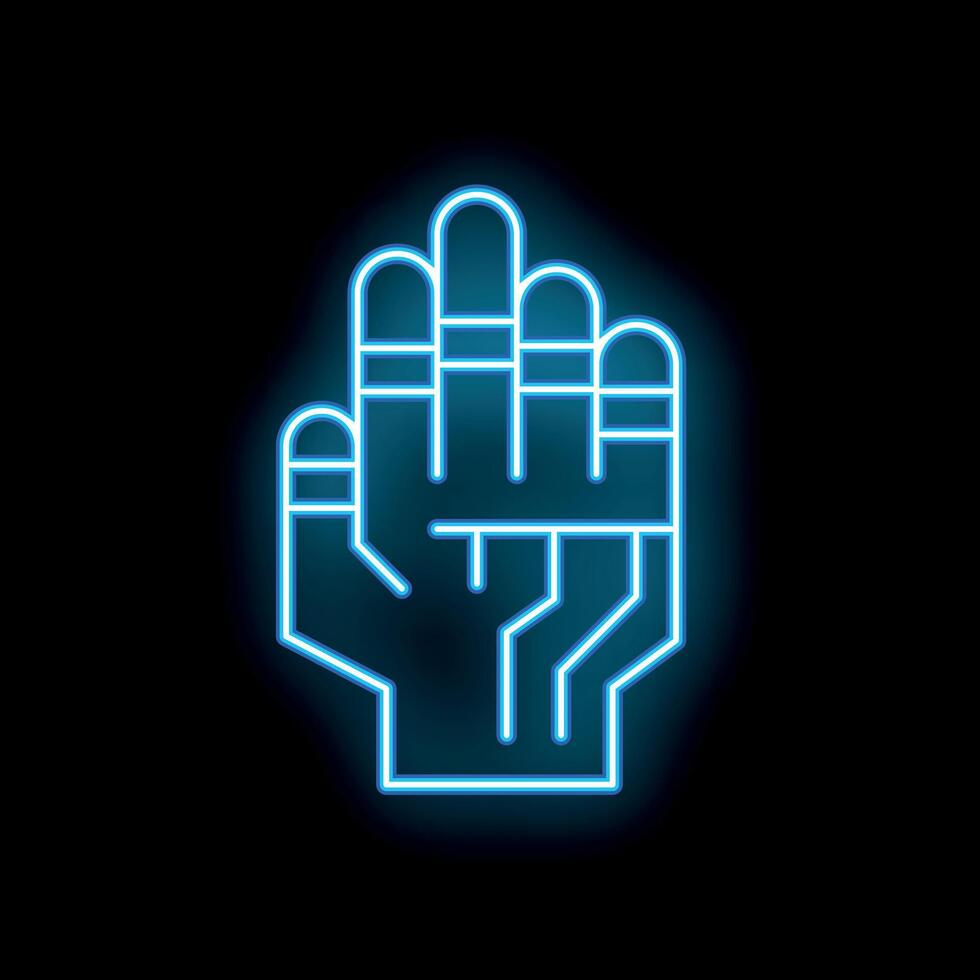 Blue neon sign showing robot hand with electronic circuitry vector