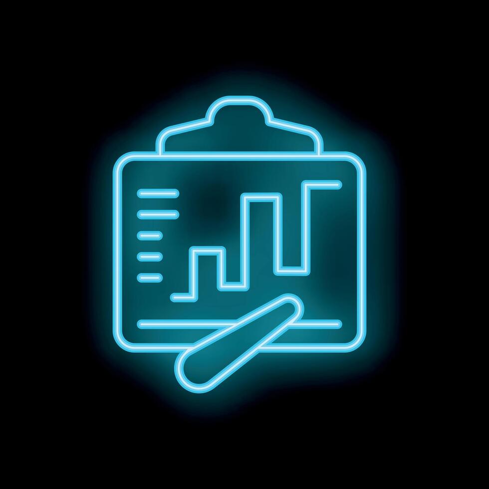 Neon icon of a clipboard showing a bar chart with a pointer highlighting growth vector