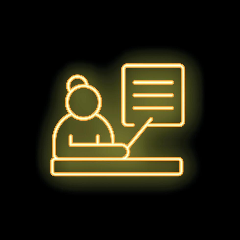 Teacher giving lesson pointing at blackboard neon light style icon vector