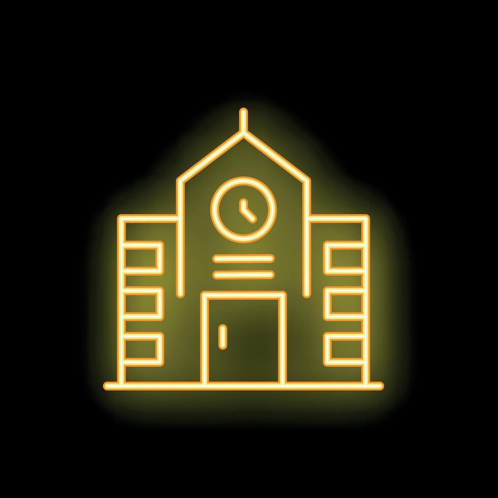 Neon yellow school building with clock tower glowing on black background vector