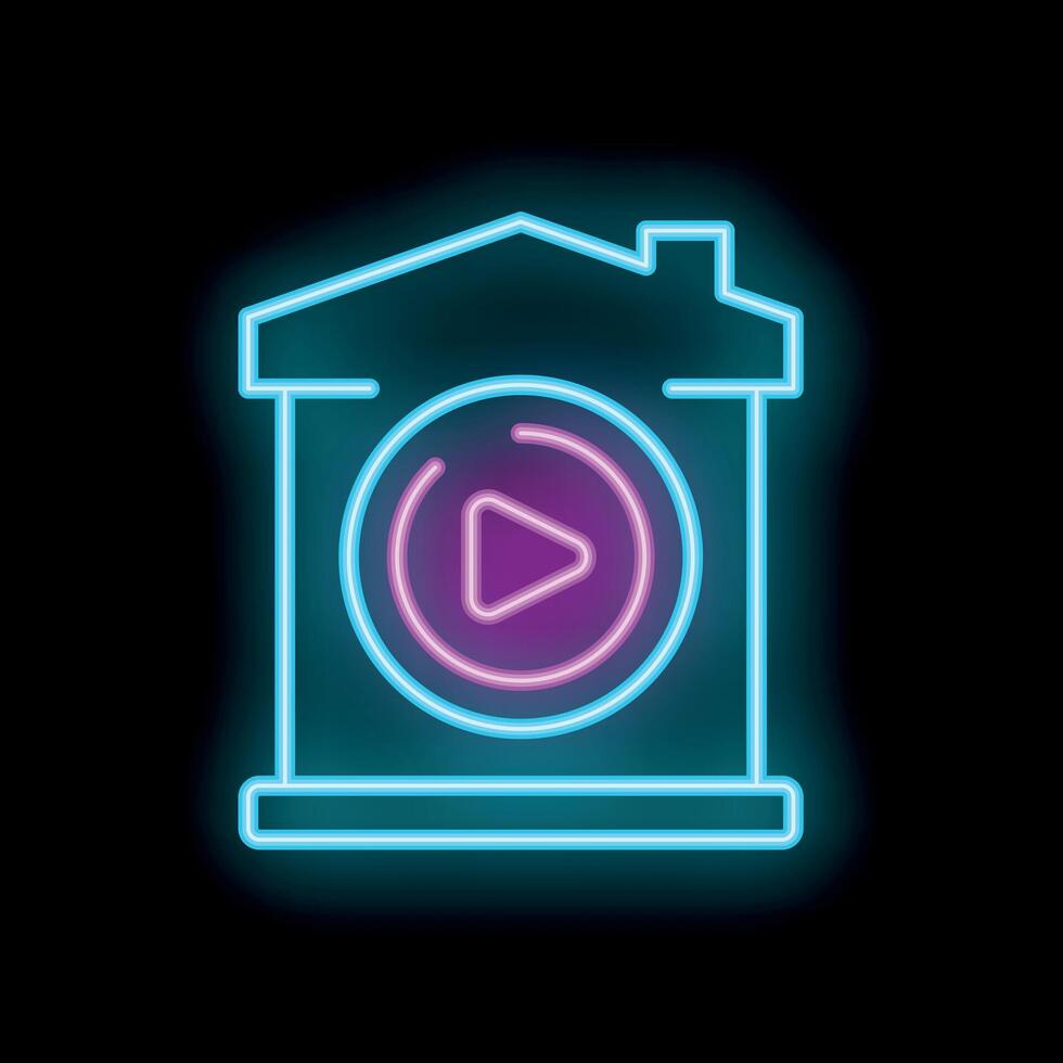 Neon icon of house displaying play button for home entertainment vector
