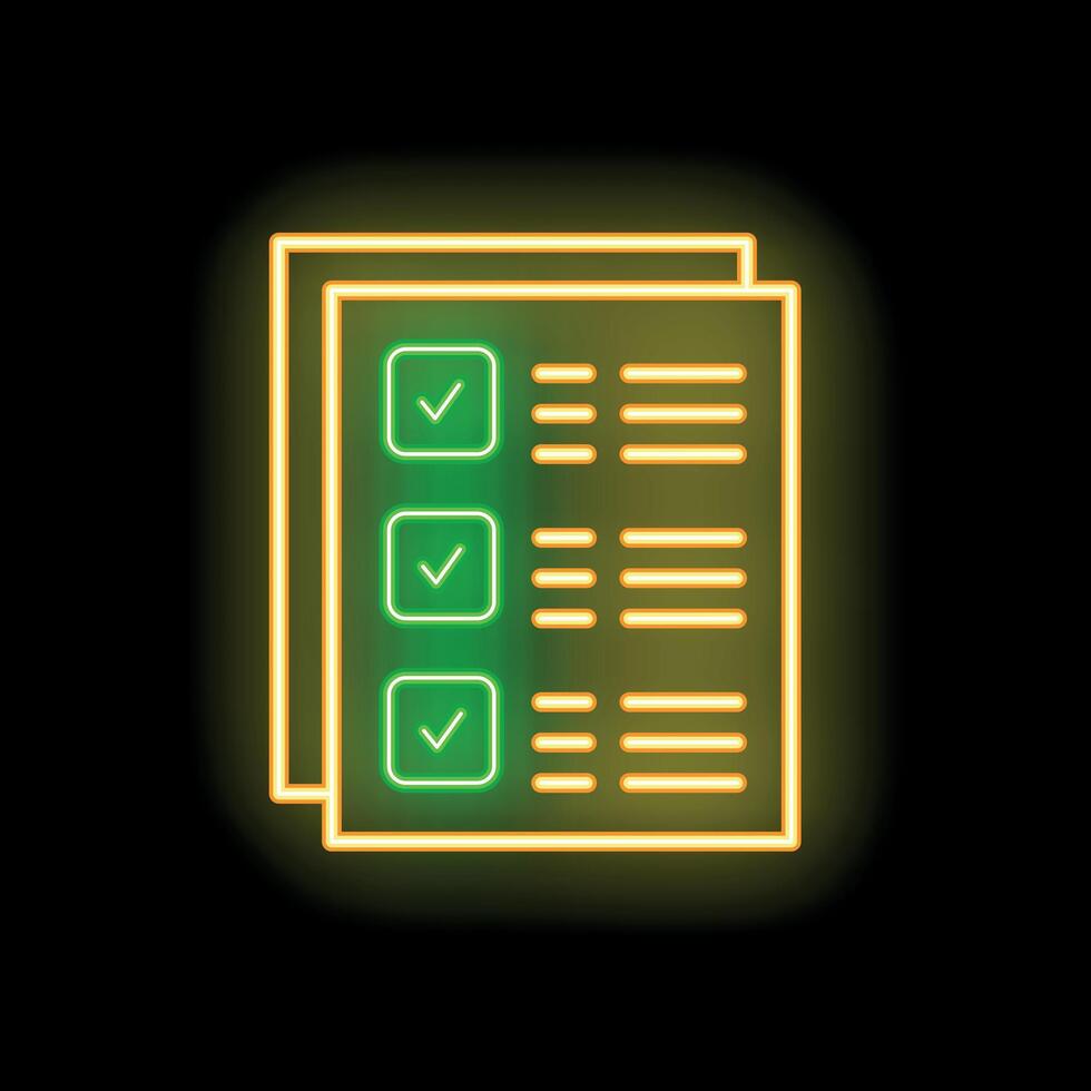 Neon icon of clipboard with checklist and check marks on black brick wall vector