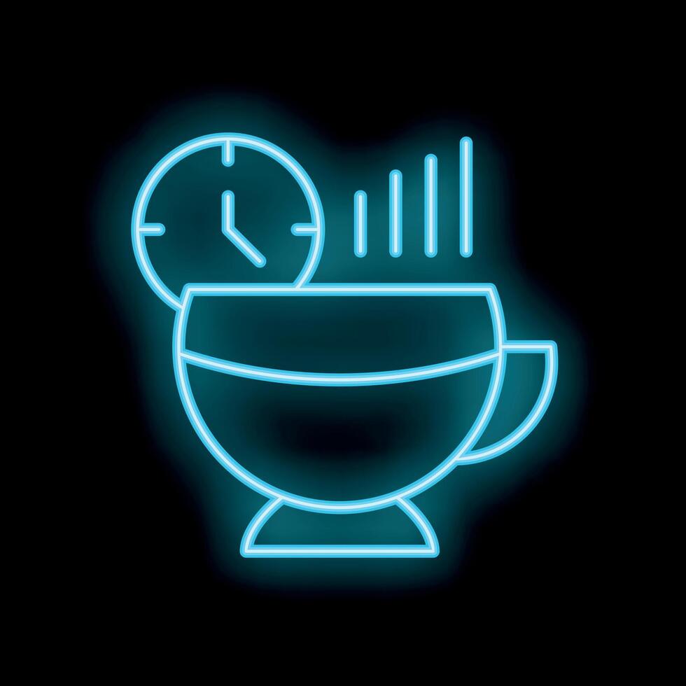 Neon sign of steaming coffee cup and clock for coffee break time vector