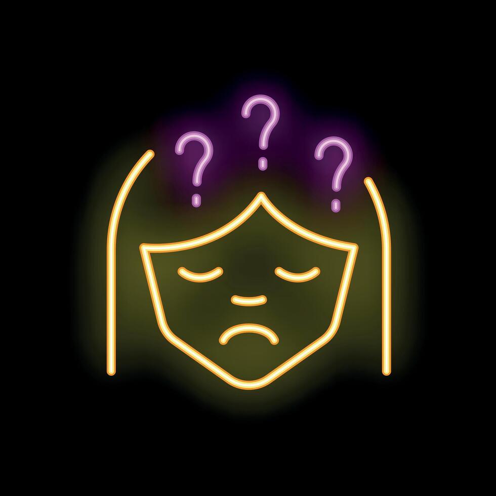 Sad woman having many questions neon sign, bright signboard with question marks above head vector