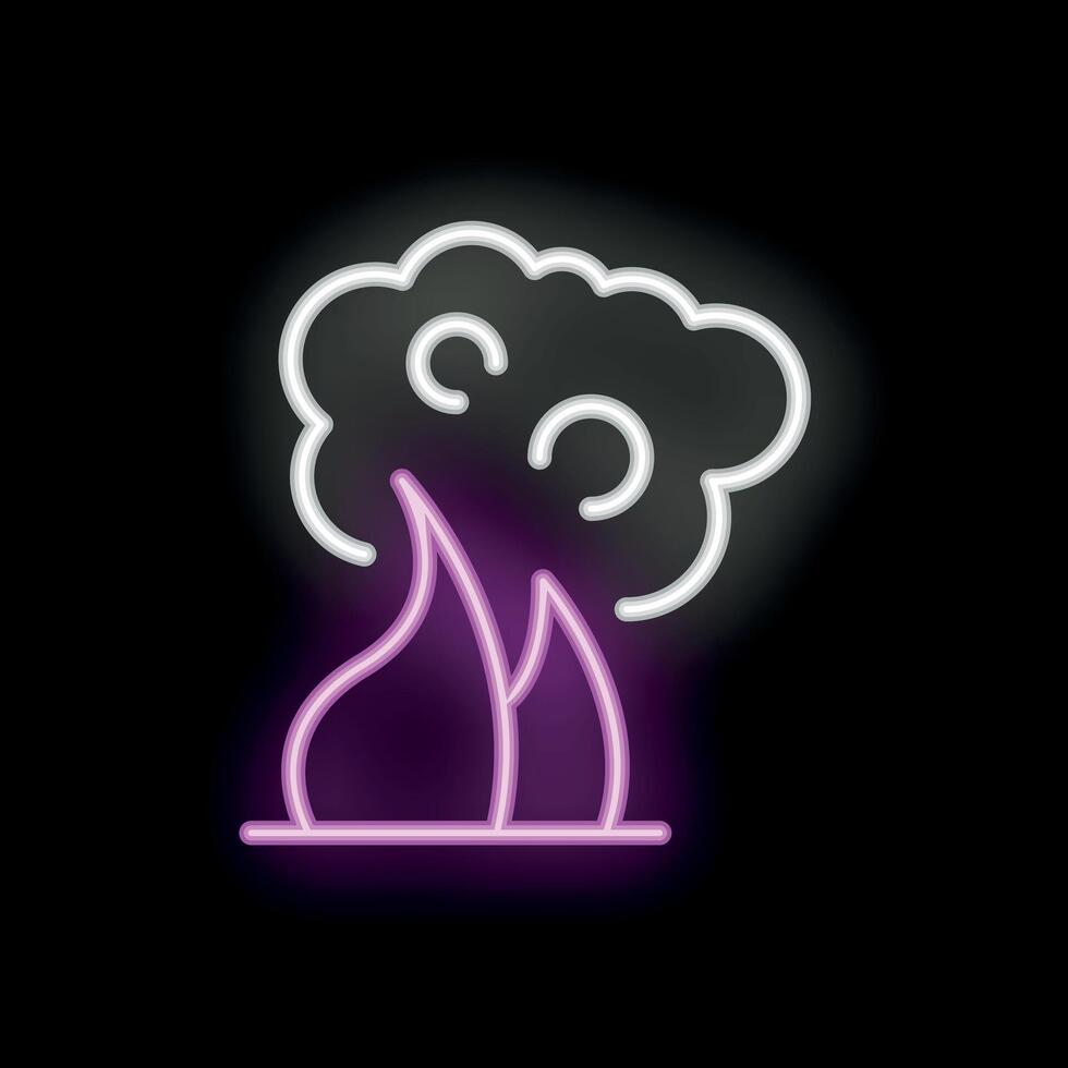 Neon sign representing a fire burning with smoke coming out from it on a black background vector