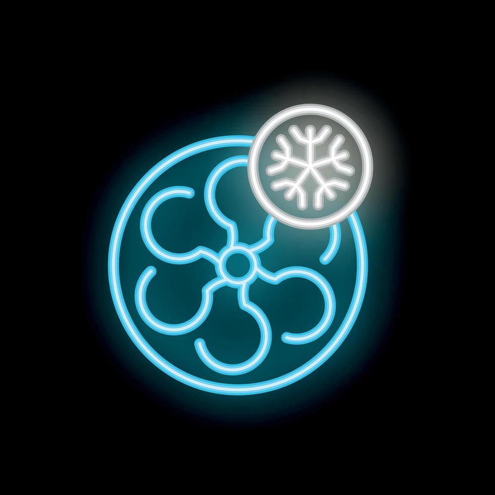 Neon fan icon generating cold air with snowflake symbol on black background vector