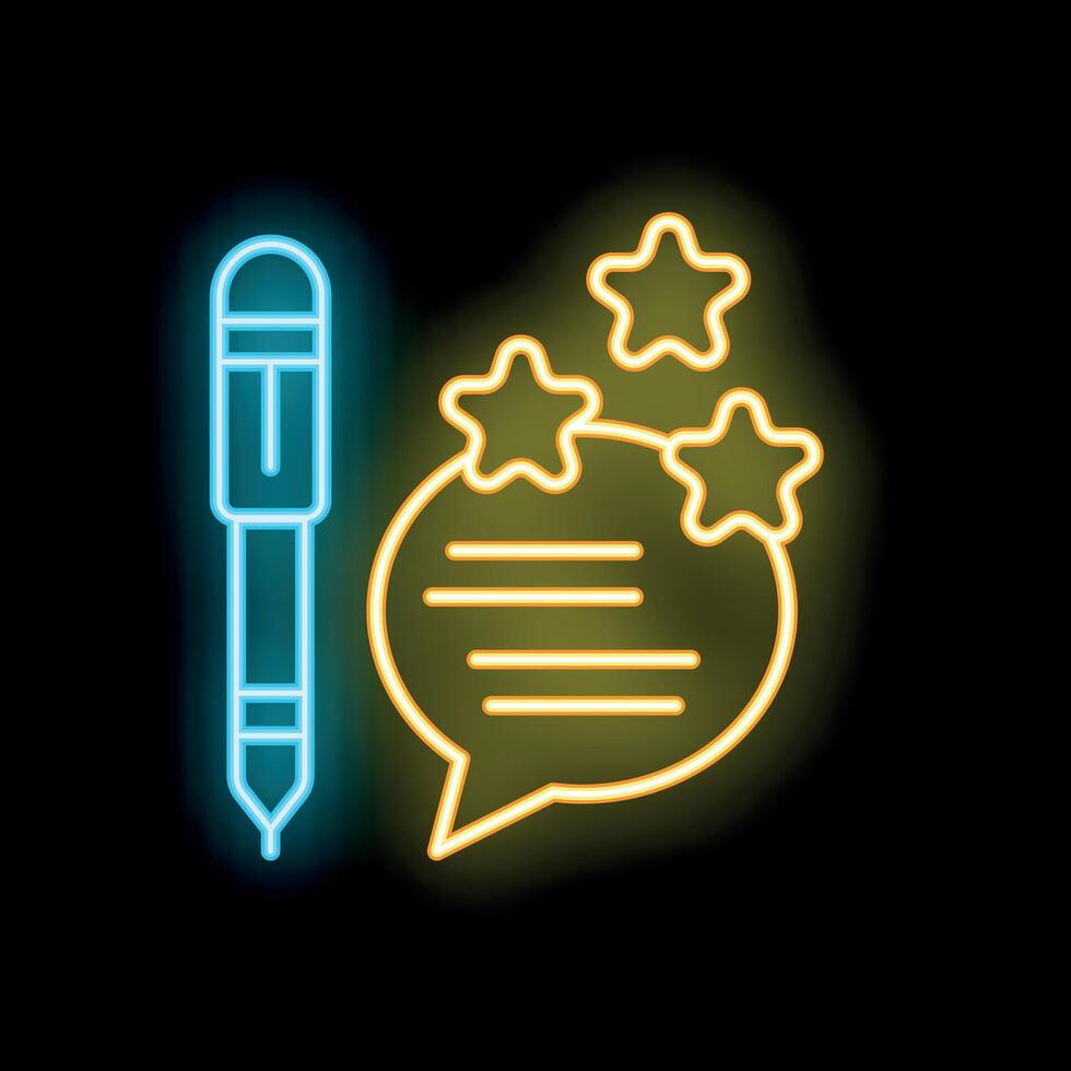 Neon icon of pen writing positive review with stars vector