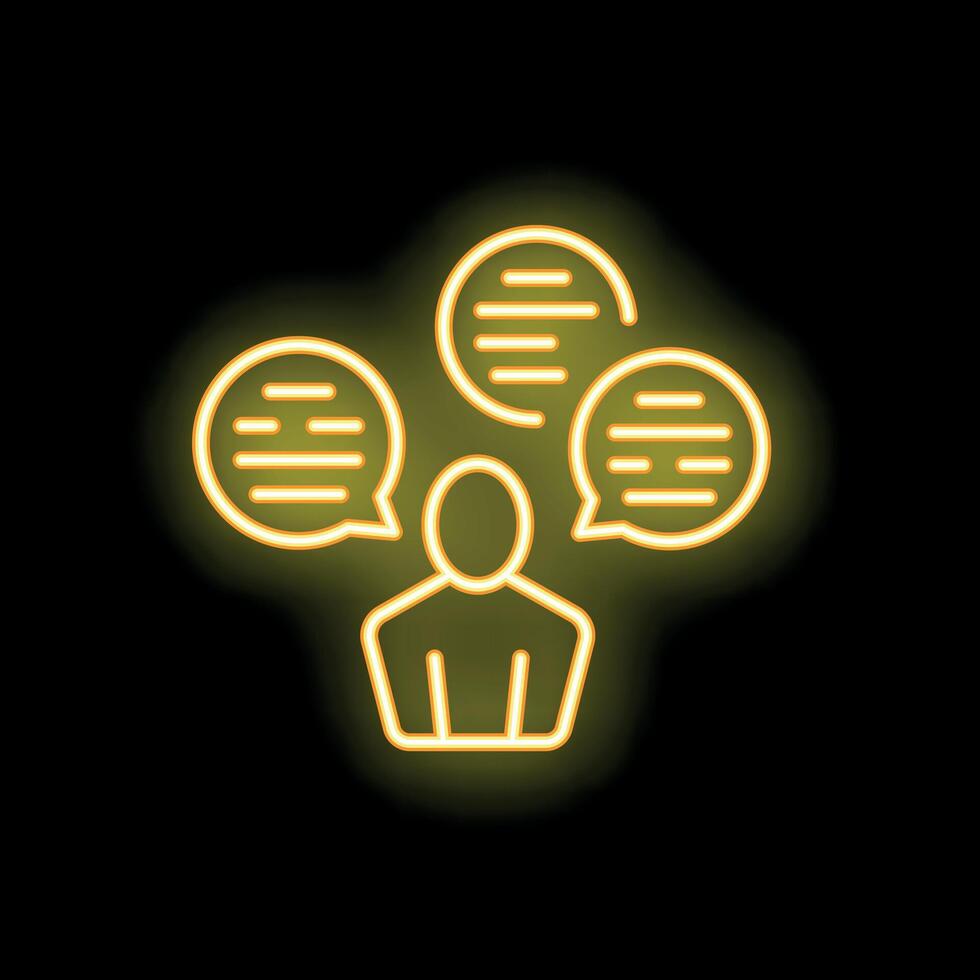 Neon icon of man thinking with three speech bubbles appearing above his head vector