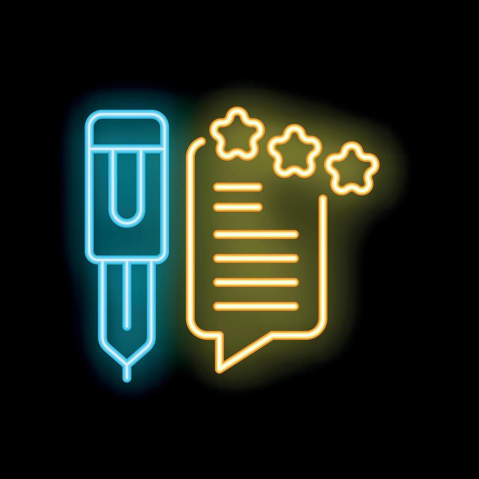 Neon icon of pen writing five star feedback review vector
