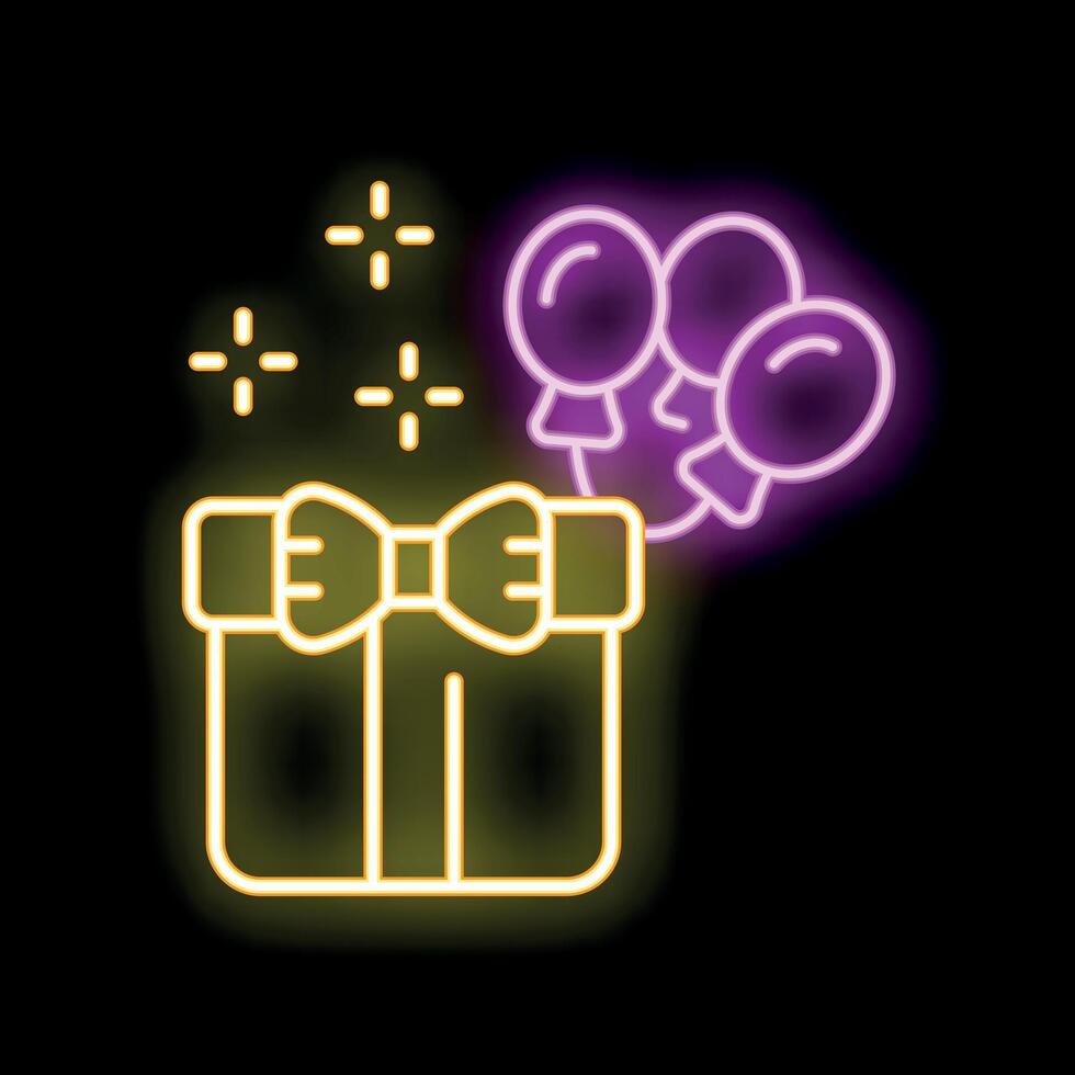 Neon icon of gift box with bow and balloons celebrating special occasion vector