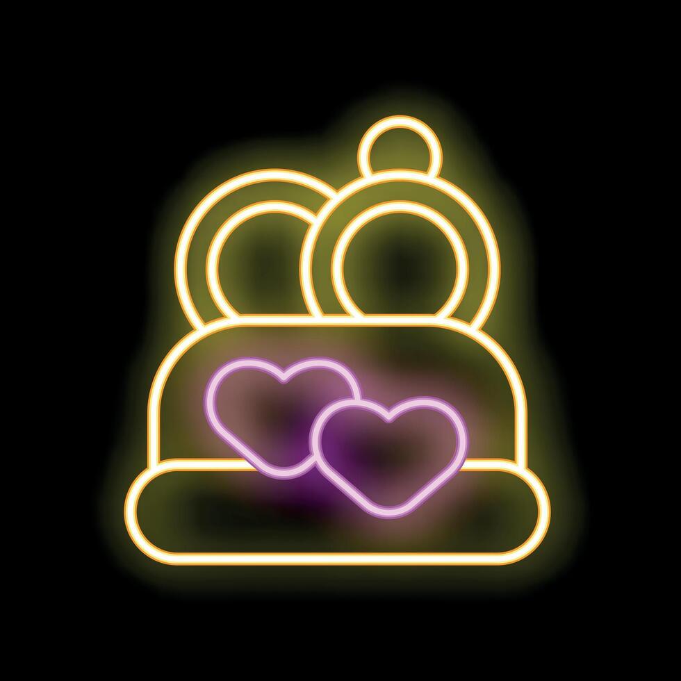 Neon sign showing wedding cake with two hearts for just married celebration vector