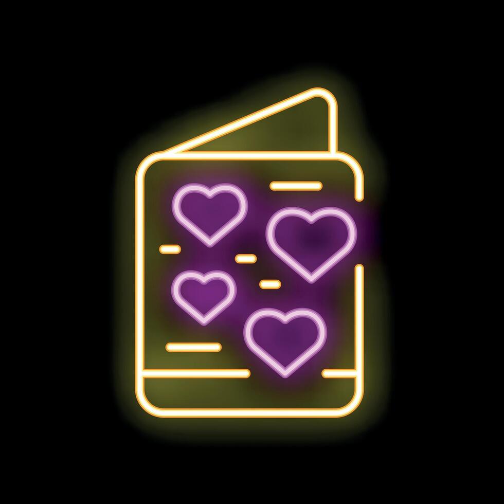 Neon love letter with purple hearts glowing on black background vector
