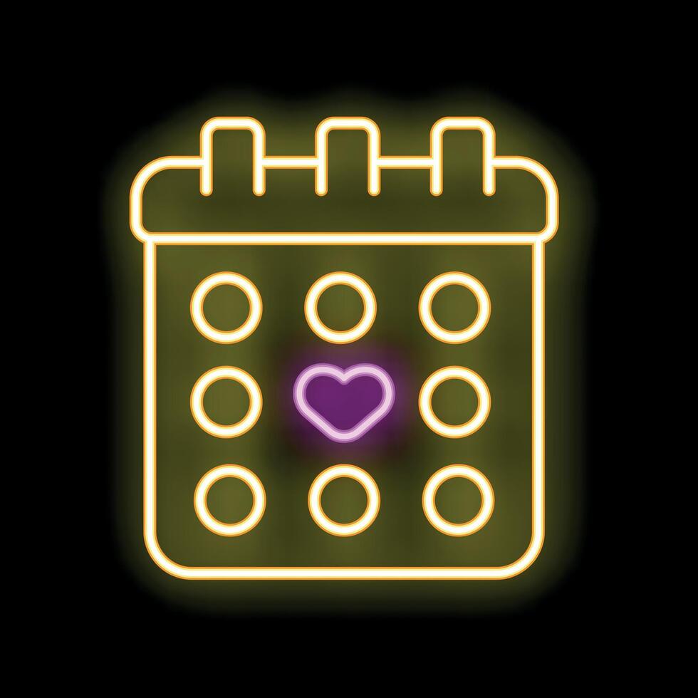 Neon yellow calendar showing purple heart highlighting special date vector