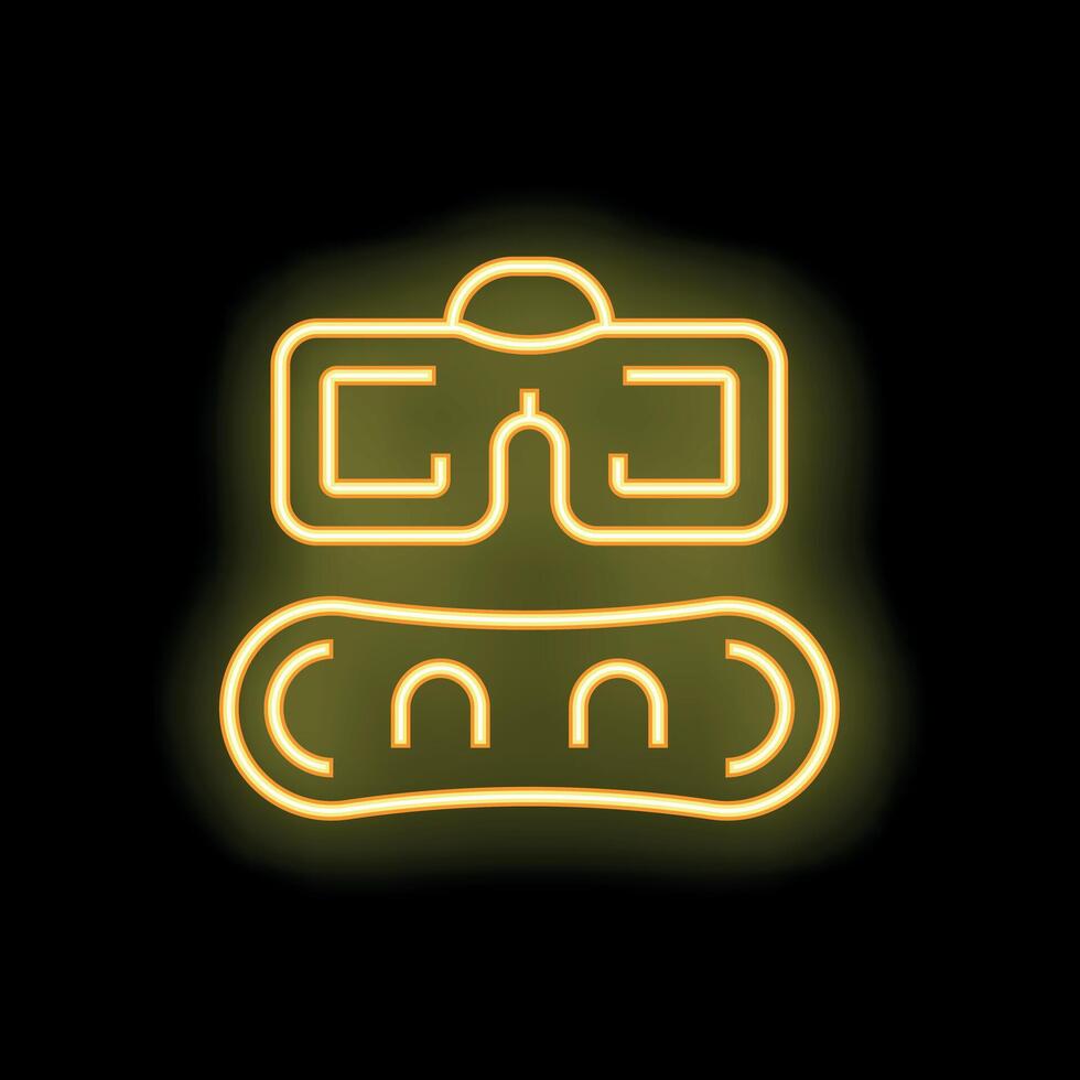 Neon sign showing virtual reality headset with controllers glowing on black background vector