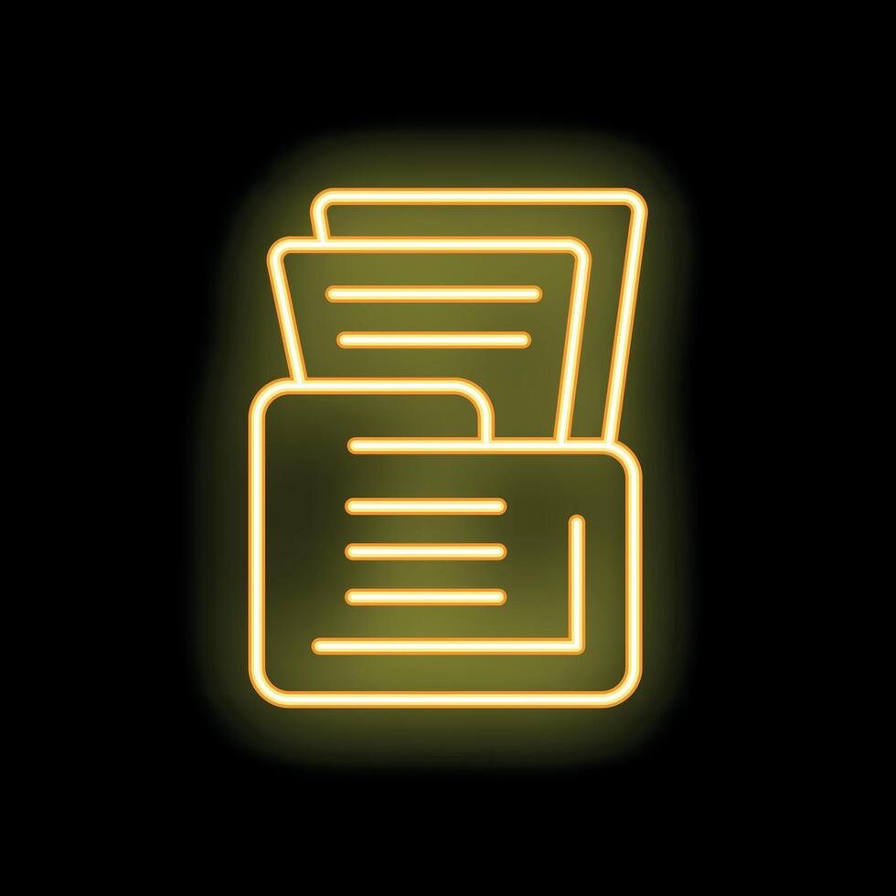 Neon yellow folder icon with papers sticking out on black background vector