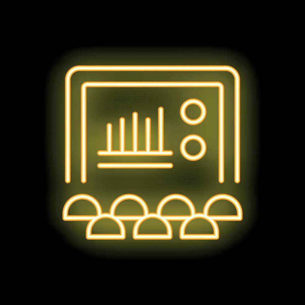 Neon icon of audience watching growing bar chart on screen vector