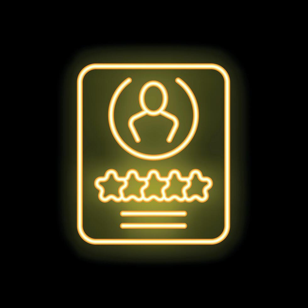 Neon icon of customer profile with five star review glowing yellow vector