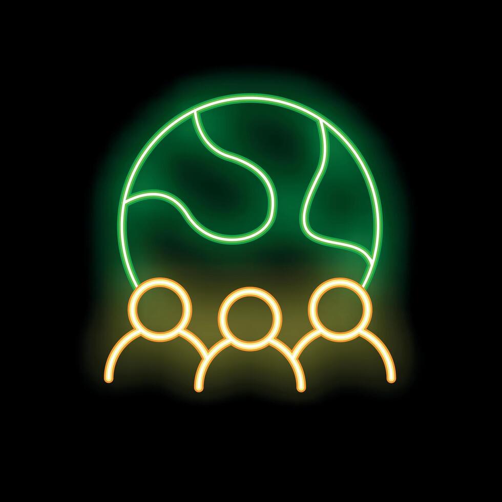 Neon icon of three people standing under planet earth vector