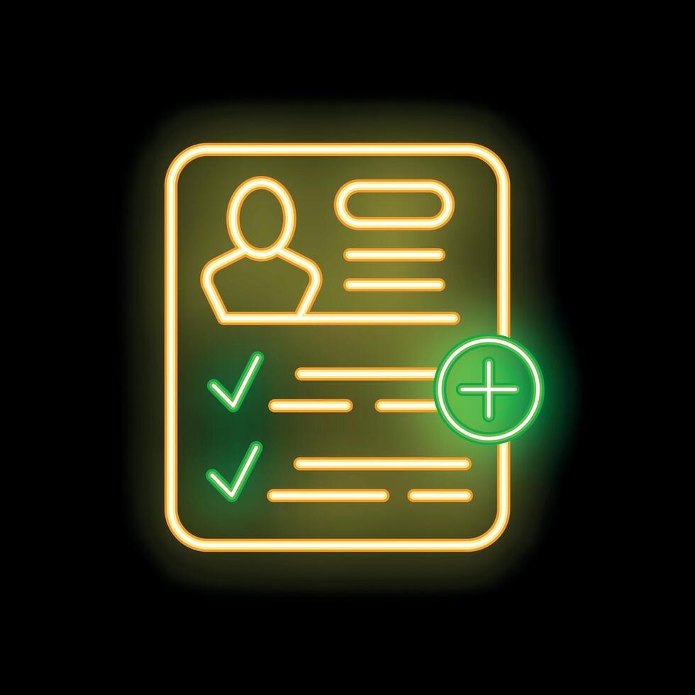 Neon icon of curriculum vitae with add button showing recruitment vector