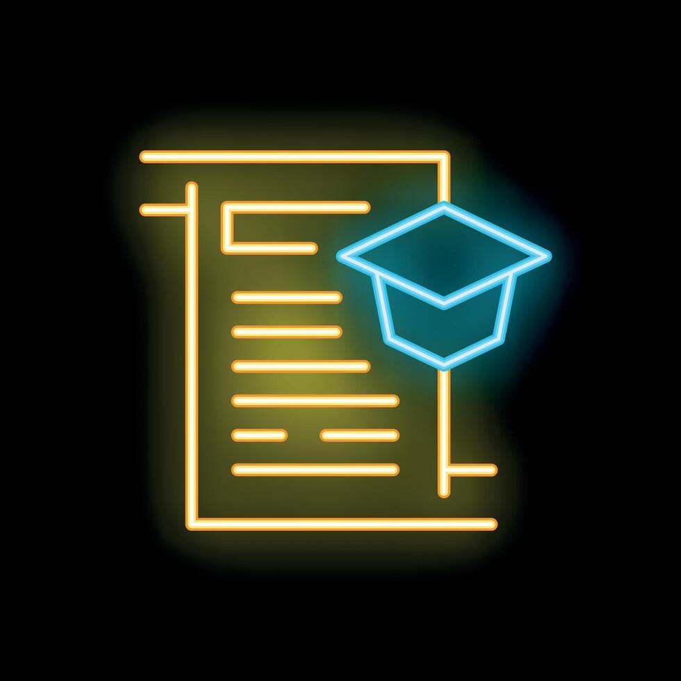 Neon icon of graduation hat resting on diploma representing educational achievement vector