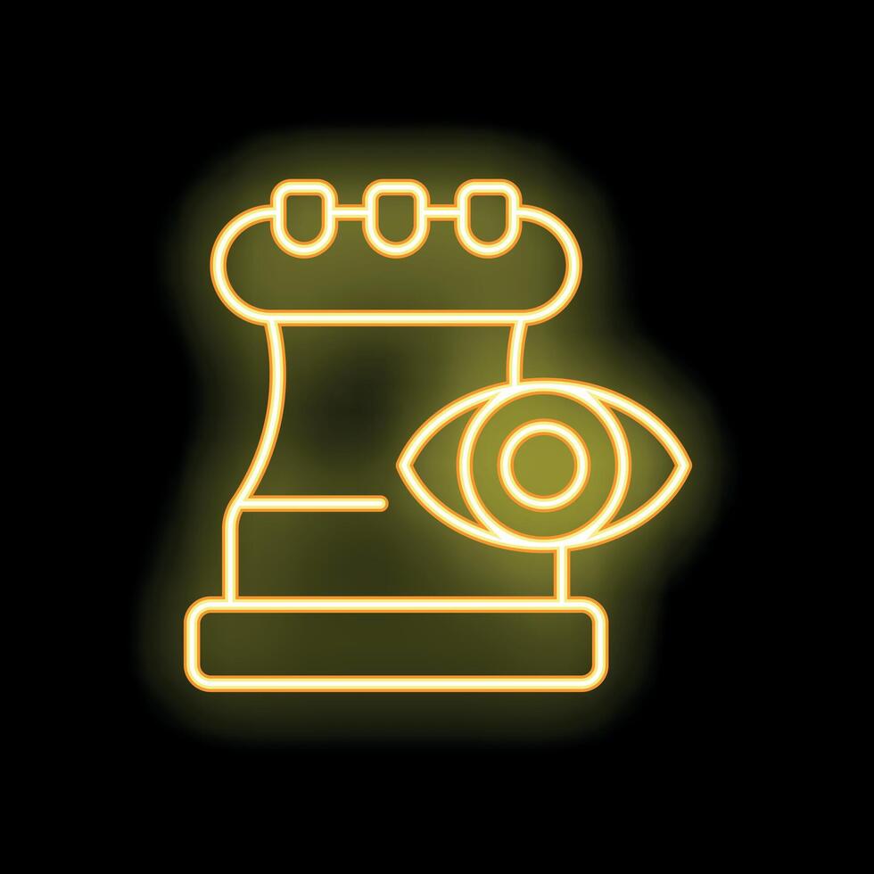 Neon icon of eye watching chess rook piece glowing on black background vector
