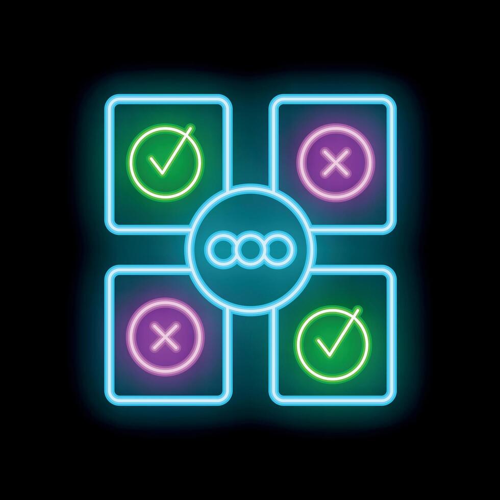 Neon icon showing blockchain network processing data with check and cross marks vector