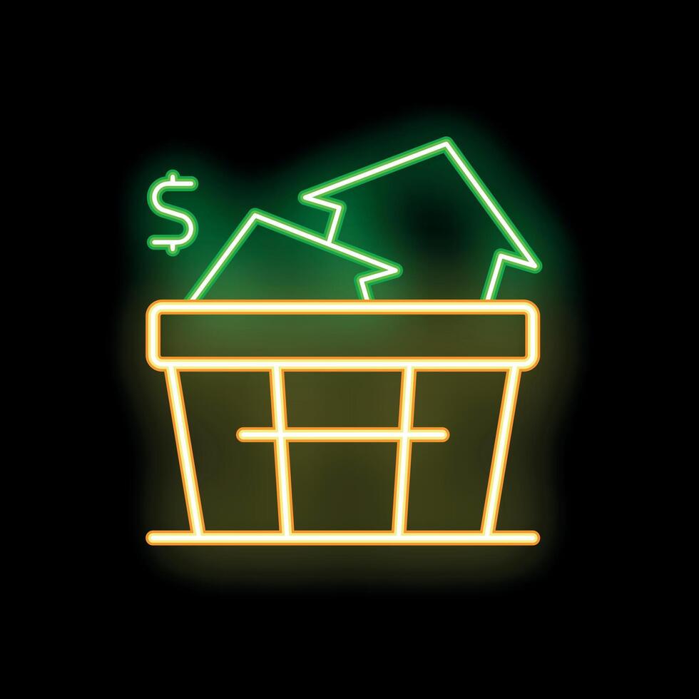 Neon icon style shopping basket full of houses representing real estate market vector