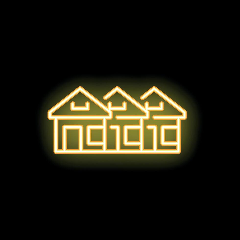 Yellow neon icon of three houses glowing on black background vector