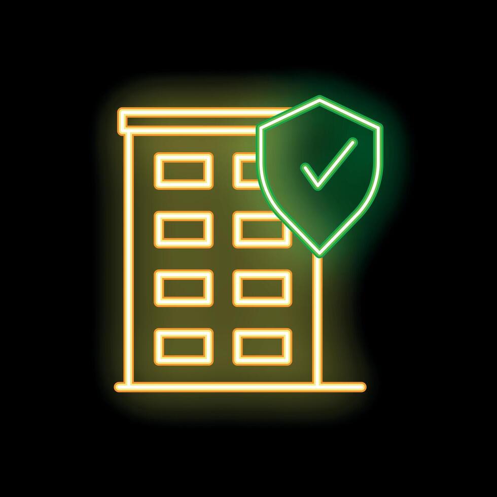 Neon green shield protecting building with check mark on black background vector