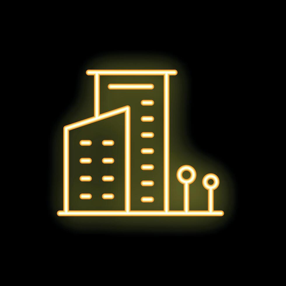 Yellow neon sign of modern city skyscraper with trees on black background vector