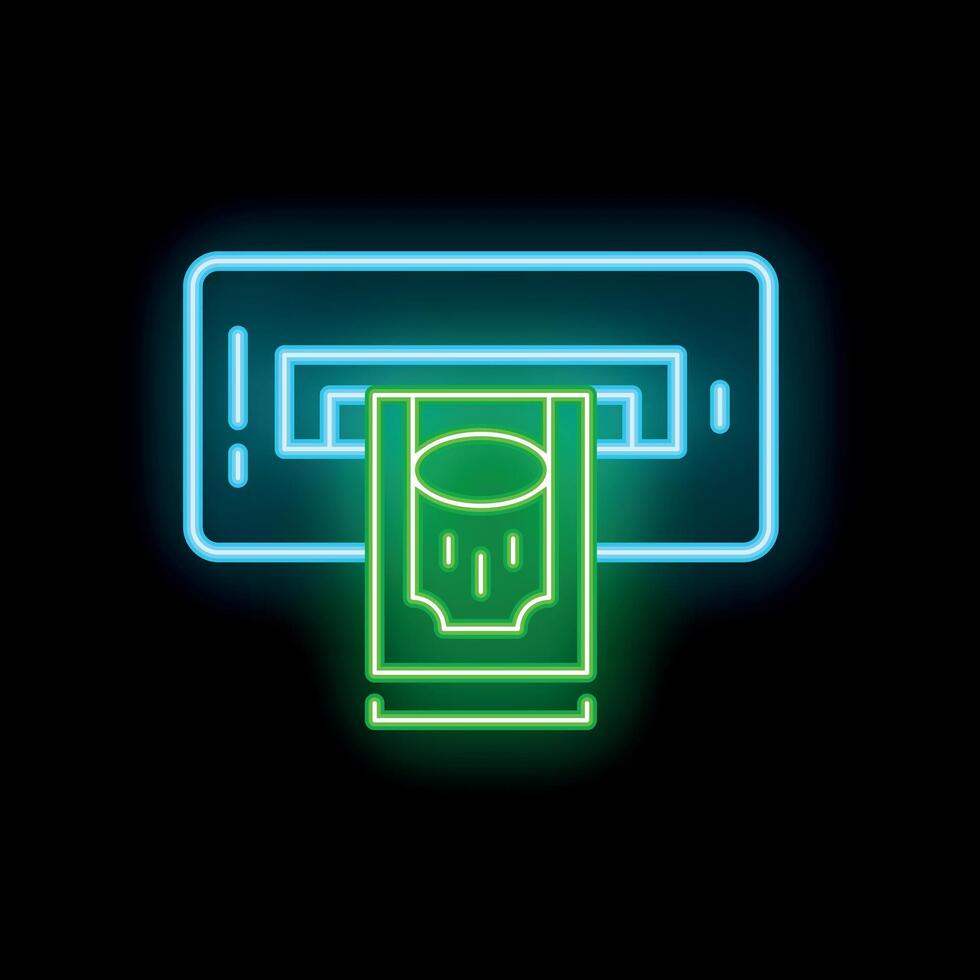 Neon atm cash machine accepting banknote payment vector