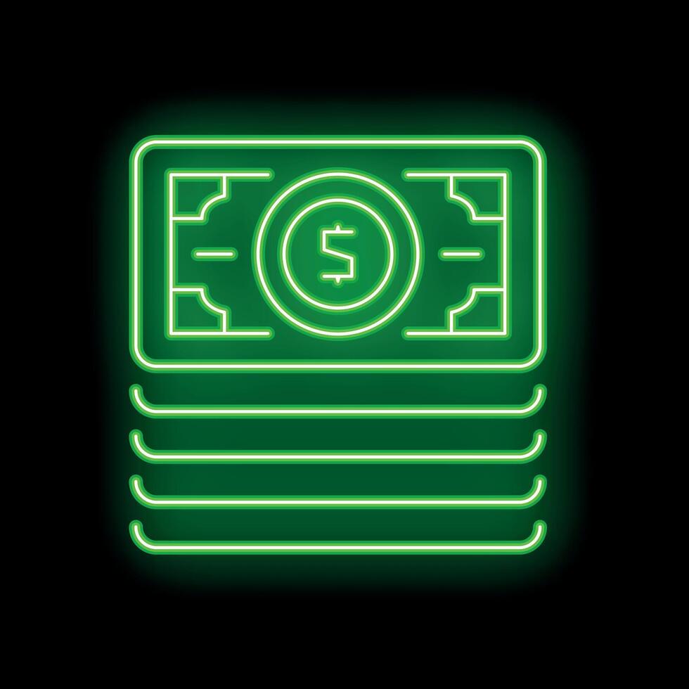 Green neon sign of stack of money on black background vector