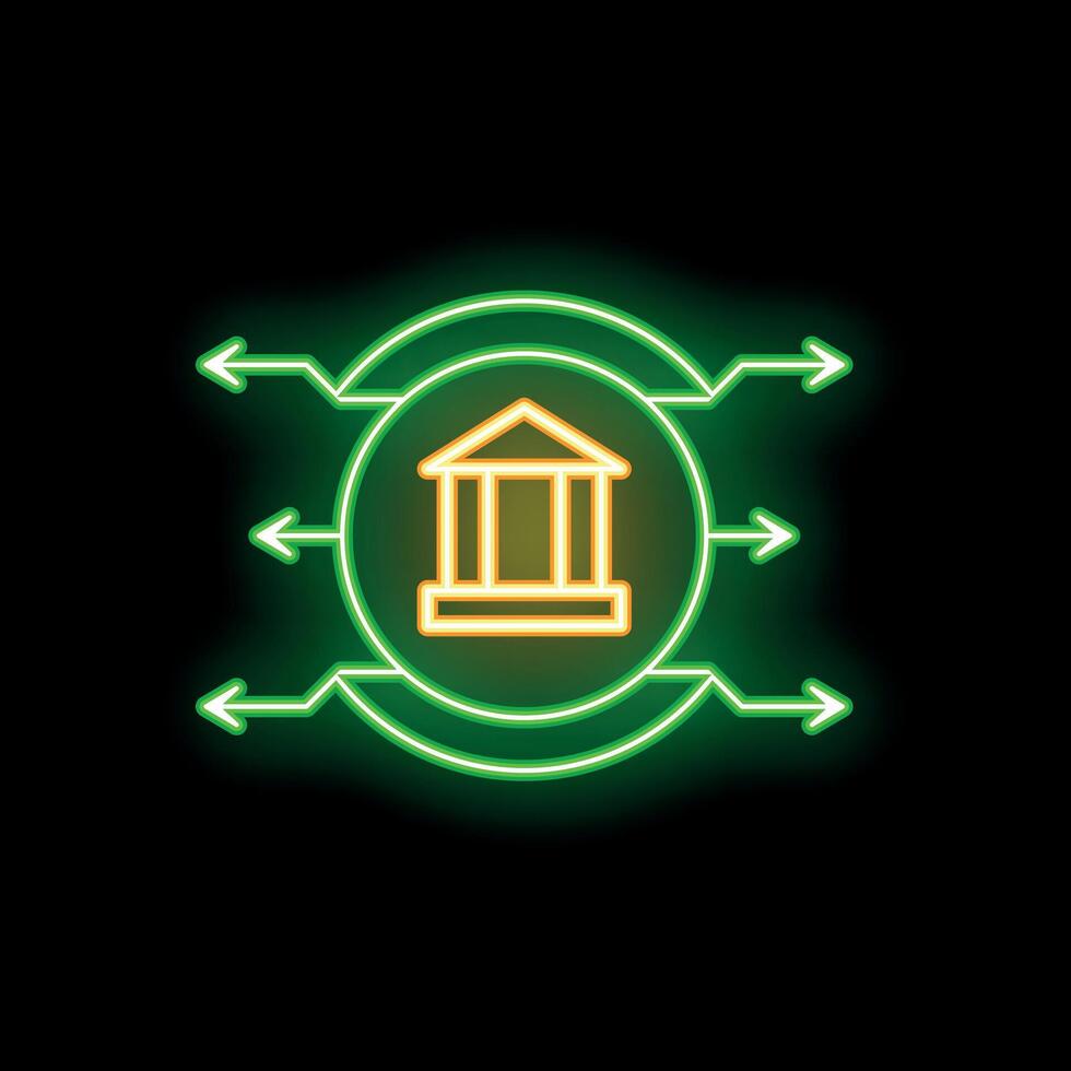 Neon style icon representing bank institution with connected arrows pointing at it vector